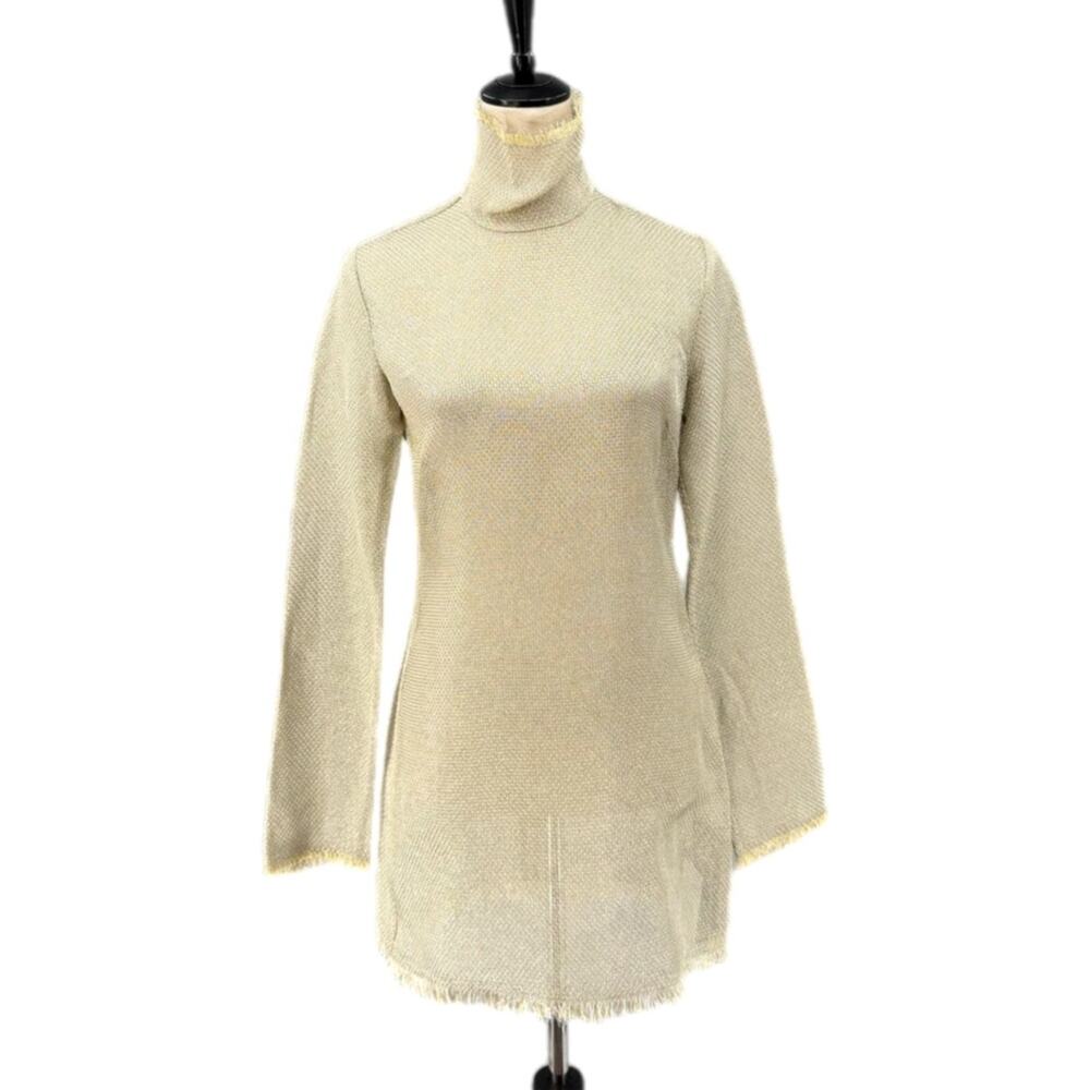Ellery NWT Herschell Metallic Gold Funnel Neck Sheer Long Sleeve Mini Dress